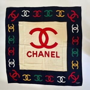 Iconic Vintage Logo CHANEL SILK SCARF in Navy & Ivory
